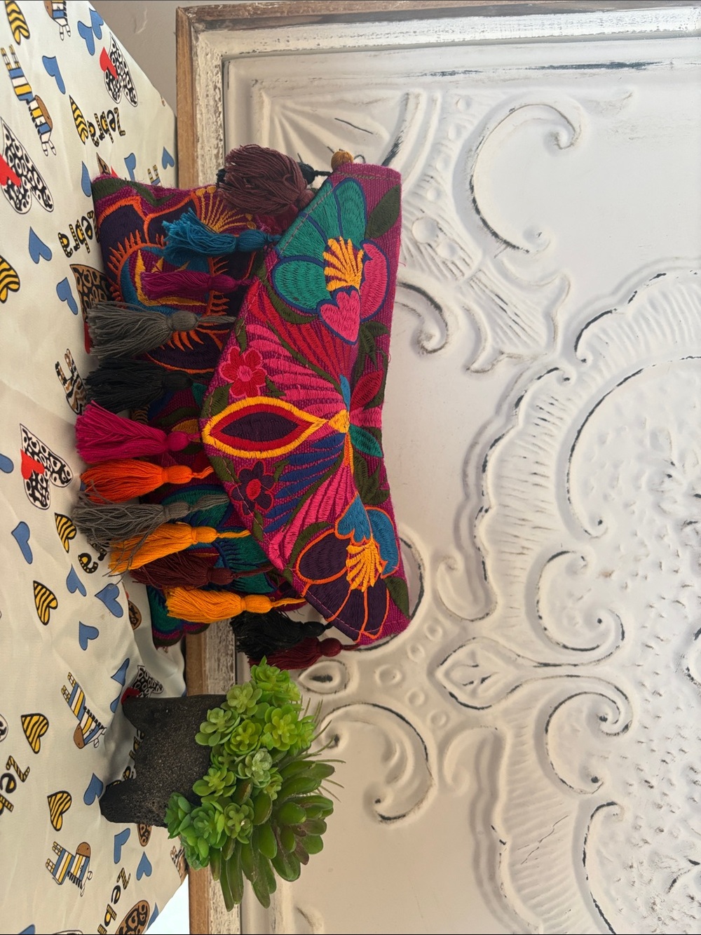 Hand made MEXICANA Embroidered Floral Tassel Pillow in Magenta, Teal & Orange